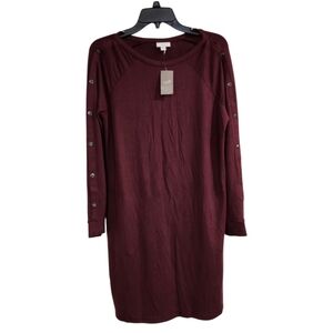 NWT J Jill Fit Womens Sz M Shift Dress Wineberry Snap  Button Sleeves Pockets